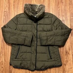 Old Navy Puffer Jacket Women Large Olive Green Faux‎ Fur Collar